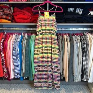 No Boundaries fluorescent yellow/pink/green print spaghetti strap dress size S